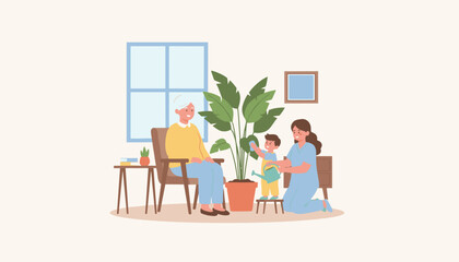 Caregiver senior woman and boy water a houseplant illustrating home nursing and intergenerational support