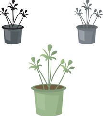 Green Potted Plant Illustration With Multiple Stems In A Flower Pot, Flat Style