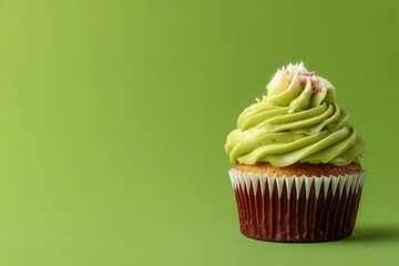 Decorated cupcake with green frosting on a vibrant green background showcasing delightful dessert artistry and creativity