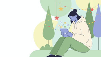 Sad young woman struggles with social media pressure and digital loneliness during the festive season