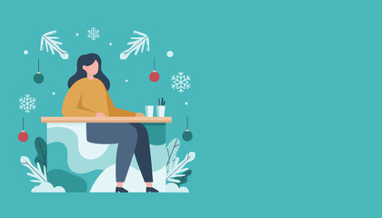 Woman at a desk in a cozy festive winter scene with snowflakes and holiday ornaments Graphic vector