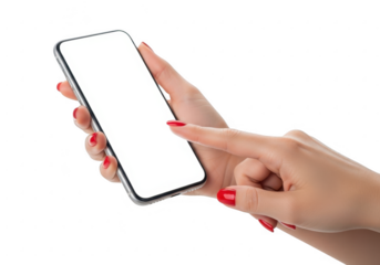Hand holding smartphone with blank screen isolated on transparent background