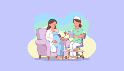 Professional prenatal care Nurse monitors pregnant womans blood pressure during a home checkup