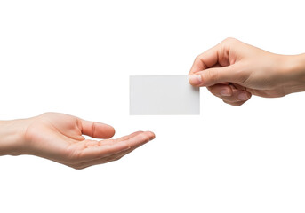 Obraz premium Hand giving a blank business card to another hand isolated on transparent background