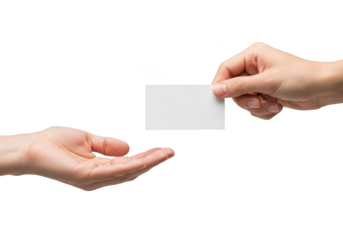 Hand giving a blank business card to another hand isolated on transparent background