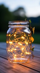 Warm, inviting light illuminates a glass jar, filled with twinkling fairy lights, resting on a weathered wooden surface, bathed in the soft glow of twilight.