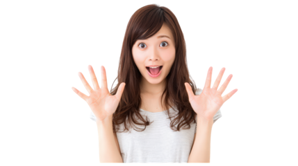 Portrait of a surprised young Asian woman with an excited expression isolated on transparent background.