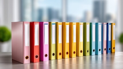 Fototapeta premium Colorful Office Folders Organized on Wooden Desk in Bright-Style Workspace with Blurred Background