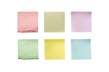 Six pastel square sticky notes on a black background