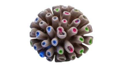 Detailed macro photograph of a colorful cluster of tube like structures with vibrant pink blue and green interiors isolated on transparent background