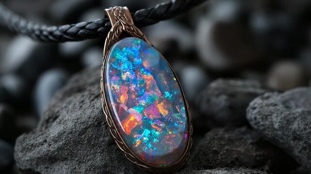 Opalescent pendant rotating on rocks