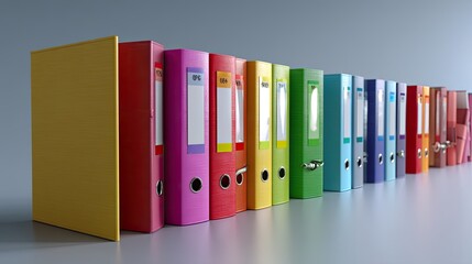 Colorful Office Binders Organized on a Shelf with a Minimalist Background for Office Use and Storage Solutions