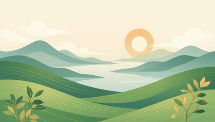Obraz premium High-quality matcha vector artwork showcasing sunrise sky and gentle verdure textures