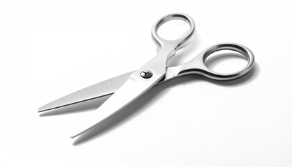 Open, metallic scissors on a bright white surface