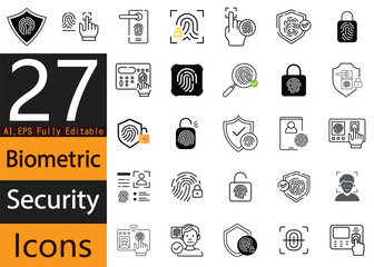 Biometric Security Icons Set – Fingerprint, Face, and Eye Scan Symbols