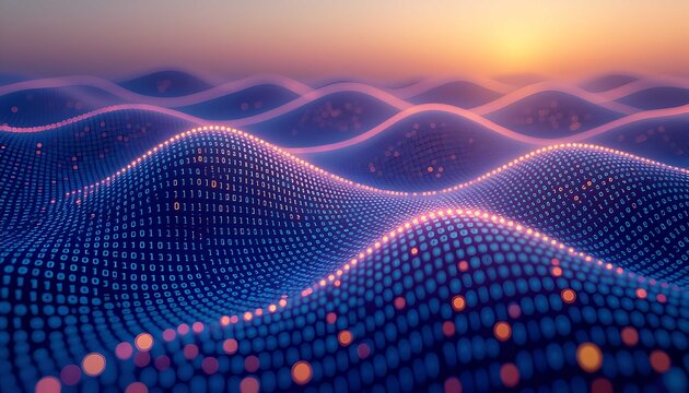 Digital wave pattern glowing with binary data creating futuristic technology background - Powered by Adobe
