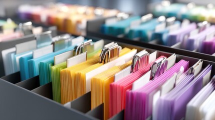 Organized Filing System with Colorful Folders and Clips for Document Management in Office Environment