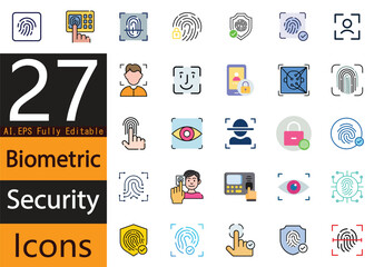 Biometric Security Icons Set – Fingerprint, Face, and Eye Scan Symbols