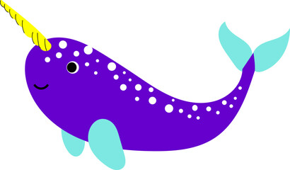 Cute Purple Cartoon Narwhal with Yellow Tusk © Binuaji