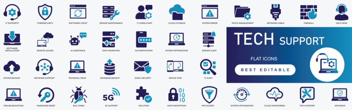 tech support flat icon set featuring customer service agent, 24/7 helpdesk hotline, online chat bot, and computer repair troubleshooting vector symbols.