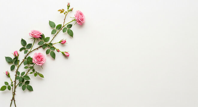 A beautiful, romantic backdrop featuring lush green vines and blooming pink roses trailing down from the top left.