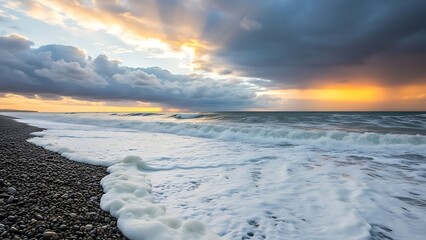 Waves crashing on rocky beach at sunset with cloudy sky and orange hues