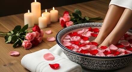 Aromatic spa experience with feet soaking in a bowl filled with rose petals.
