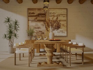 interior of dining room, soft light, warm, cozy, modern mixed classic furniture 3d rendering 