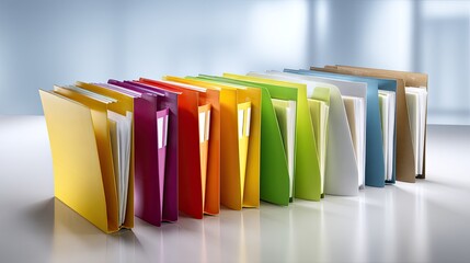 Colorful Office Folders Organized in a Row on a Bright Background for Document Management and Storage Solutions