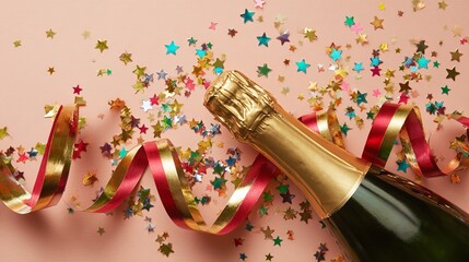 Champagne bottle with confetti stars and colorful party ribbons for festive celebration