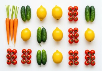 Organized flat lay of fresh carrots, cucumbers, lemons, and cherry tomatoes in a grid pattern.