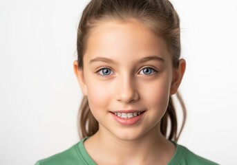 Fototapeta premium Happy preteen girl with orthodontic braces smiling confidently at the camera.
