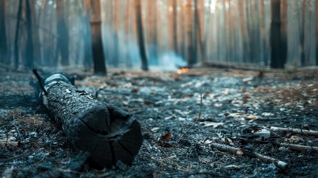 Charred fallen tree in forest after wildfire with burn marks and ashes around