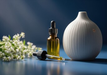Essential oil dropper bottle and elegant ceramic diffuser with white flowers for aromatherapy wellness.