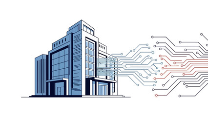 Obraz premium Modern building connected to a digital circuit board, representing technological integration and data flow