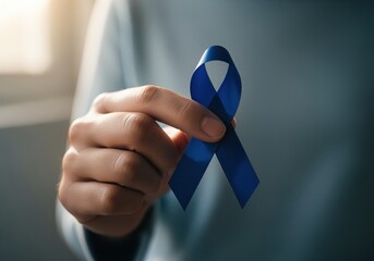 Close up of a hand holding a vibrant blue ribbon representing cancer awareness and support.