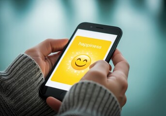 Hands holding a smartphone showing a glowing yellow screen with a large happiness smiley face icon.