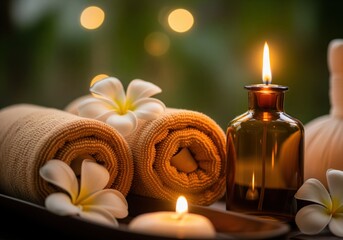 Naklejka premium Tranquil spa treatment setup featuring warm towels, plumeria blossoms, and soft candlelight.