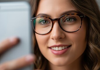 Obraz premium Close up portrait of a smiling young woman wearing stylish tortoiseshell glasses and taking a selfie