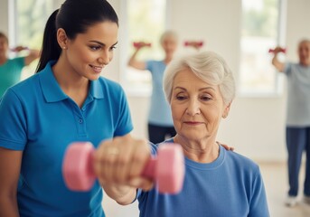 Fitness instructor assisting senior woman with dumbbell exercise during group physical therapy session.