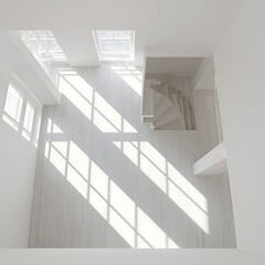 Obraz premium Top down view loft space with many windows and skylights creating long parallel sun streaks across pale wood flooring near staircase opening