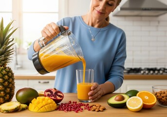 Mature woman pouring healthy orange fruit smoothie from blender into glass in a bright kitchen.