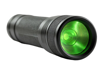 Sleek black flashlight emitting a bright green beam