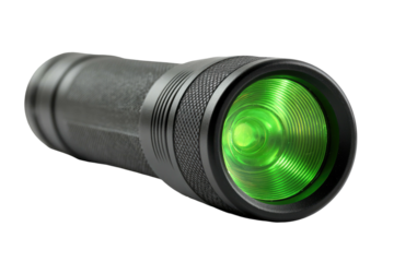 Sleek black flashlight emitting a bright green beam