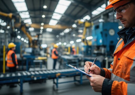 Male engineer in safety gear writing on a clipboard while inspecting operations in a manufacturing factory