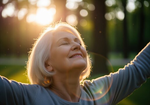 Happy senior woman enjoying golden sunlight outdoors with arms raised in freedom and joy. - Powered by Adobe
