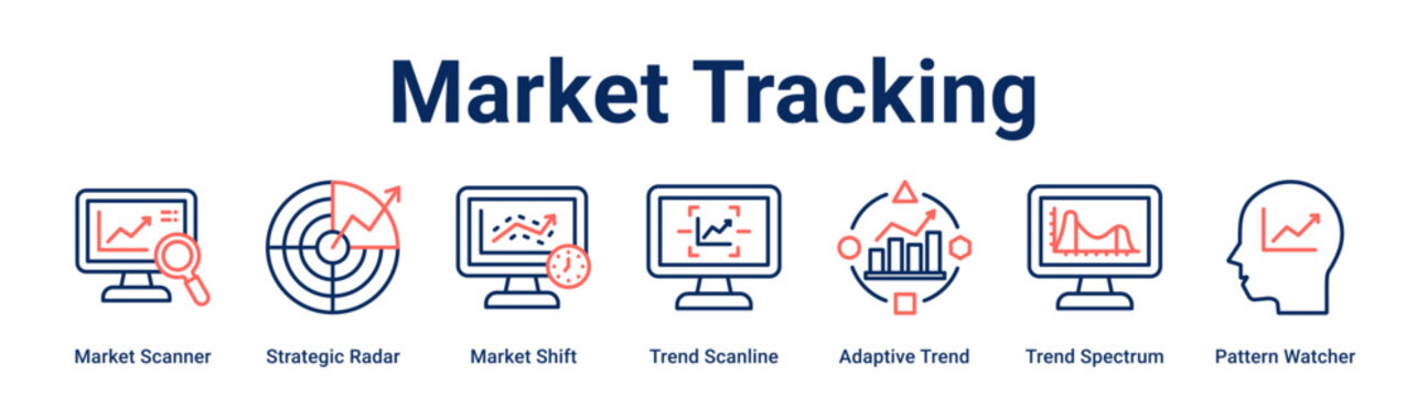Market Tracking web banner icon vector illustration concept for Business with icon of Market Scanner, Strategic Radar, Market Shift, Trend Scanline, Adaptive Trend, Trend Spectrum.