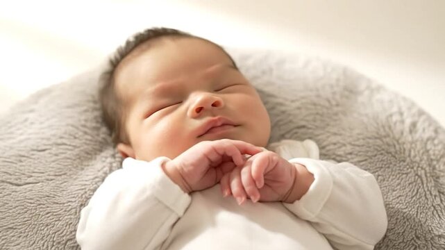 A peaceful newborn baby with closed eyes sleeps soundly on a soft, grey, textured blanket