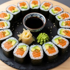 A circular arrangement of salmon and avocado sushi rolls, presented on a dark slate platter, with soy sauce, wasabi, and pickled ginger.