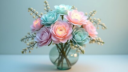 Obraz premium A flower bouquet where each flower is replaced with tiny glowing planets, soft illumination, pastel cosmic vibes, dreamy space-fantasy aesthetic, artistic surreal product concept.